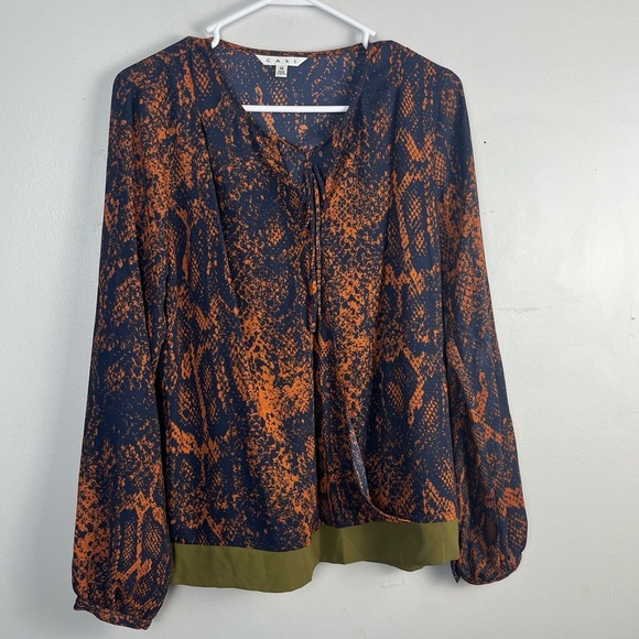 Cabi Long Sleeve Blue & Orange Snake Print Tie Blouse Green Trim Size M - Picture 1 of 5